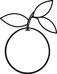 Simple black and white outline drawing of an orange with three leaves on a white background