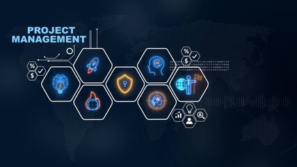 Digital project management with world map and business strategy symbols animation, Internet infrastructure concept map Abstract technology background in blue color . - Powered by Adobe