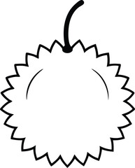 Simple black and white outline illustration of a spiky durian fruit with a stem