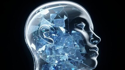 Glass head filled with blue shards on a black background - Powered by Adobe