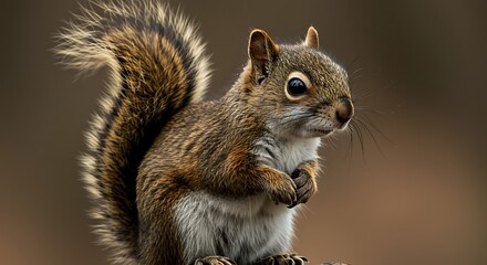 Obraz premium Close up portrait of a squirrel with fluffy tail on a blurred background