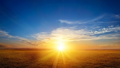 Fototapeta premium Sunrise With A Big Bright Sun In Blue Sky Overlay