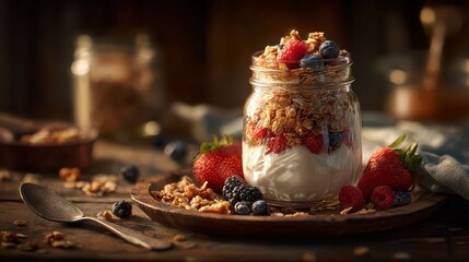 Delicious Granola Parfait with Berries in a Jar.