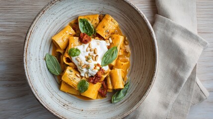 Delicious Paccheri Pasta with Burrata and Basil in Rustic Bowl.