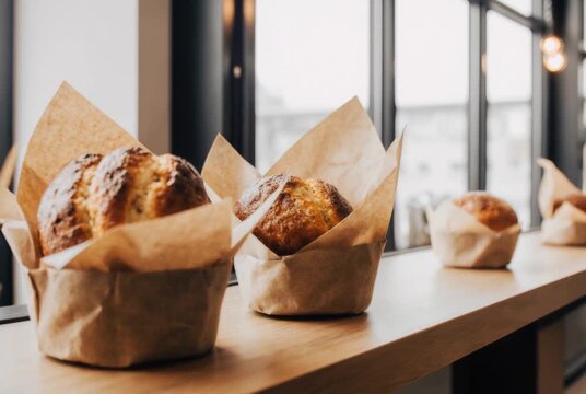 Close-up cinematic video of golden brown bread rolls in rustic paper packaging displayed on a wooden counter in a modern bakery. The camera slowly pans along the row of fresh loaves