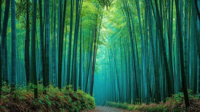 A serene bamboo forest with tall slender trunks and vibrant green leaves creates a tunnel-like effect along a narrow dir