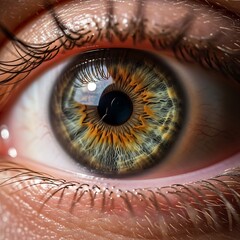 Detailed macro of a human eye, exhibiting intricate iris detail