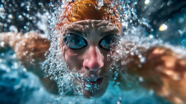 Underwater close-up of a swimmer wearing goggles and a cap, intense training