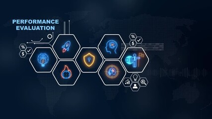 Business performance evaluation digital concept with global data and futuristic technology, Internet infrastructure concept map Abstract technology background in blue color . - Powered by Adobe