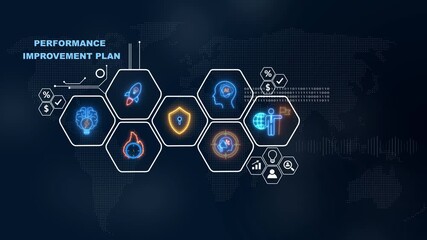 Futuristic digital presentation depicting performance improvement plan and global business goals, Internet infrastructure concept map Abstract technology background in blue color . - Powered by Adobe