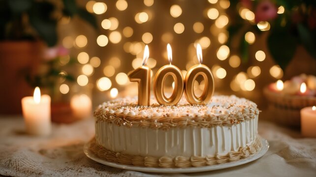 Birthday cake with a 100 on top. 100th anniversary celebration in warm indoor setting. Happy event concept.