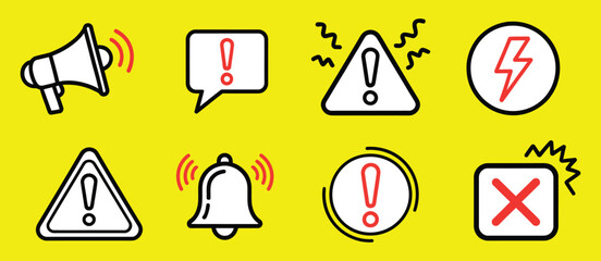 Warning & Caution Doodle Icons — Sketch Vector Set Featuring Attention, Alert, Error, Exclamation & Important Sign Symbols for Safety & Notices