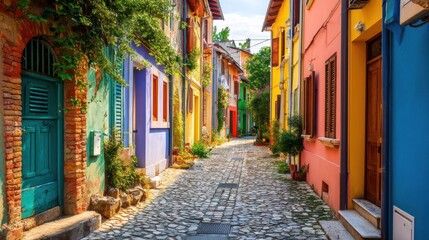 Naklejka premium Narrow old town street with colorful houses and cobblestone pavement. Vibrant European village alley. Travel, tourism, architecture.