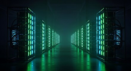 Rows of glowing green servers in a dark, futuristic data center with a reflective floor.