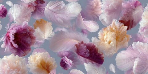 Colorful feathers floating in air: soft pastel hues and delicate textures