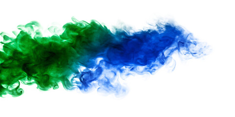 Fototapeta premium Green and blue smoke swirling on white background isolated on a transparent background