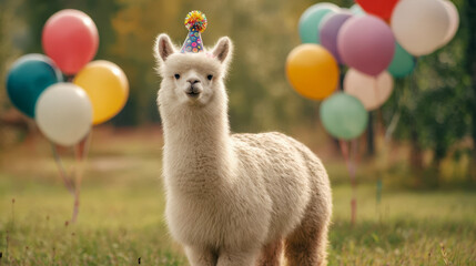 Fototapeta premium Adorable llama in a festive hat with colorful balloons on a meadow, cute outdoor holiday scene