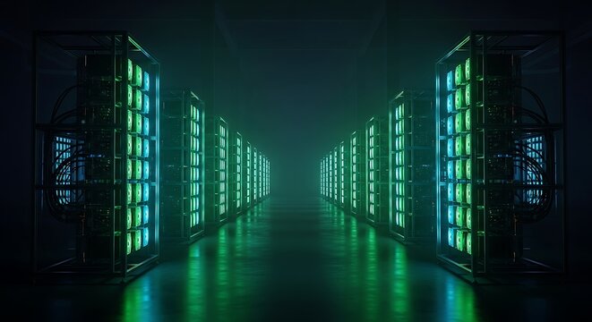 Rows of glowing green servers in a dark, futuristic data center with a reflective floor. - Powered by Adobe