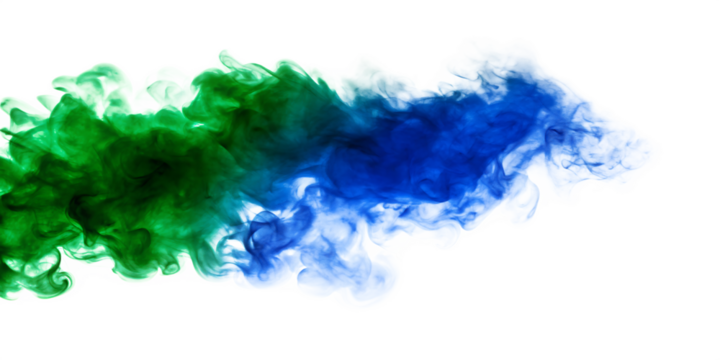 Green and blue smoke swirling on white background isolated on a transparent background