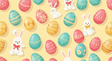 Cheerful Easter pattern featuring colorful eggs and cute bunnies, perfect for spring celebrations, festive designs, and joyful seasonal projects