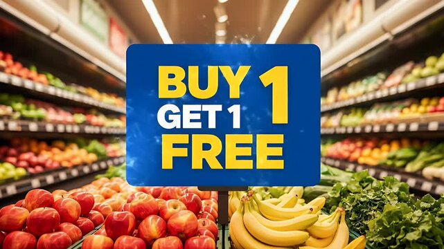 Retail promotion: "Buy 1 Get 1 Free" sign in a vibrant grocery store produce aisle with fresh fruits and vegetables.
