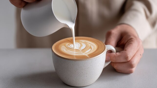 Latte art pouring into cup by caucasian adult male barista
