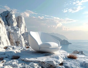 Modern white chair on a cliff overlooking the sea