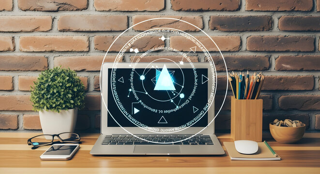 Digital Radar Interface on Laptop Screen Cybersecurity and Data Analysis Concept - Powered by Adobe
