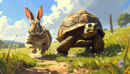 Rabbit and turtle race across a meadow