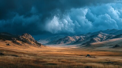 Expansive meadow under stormy skies, mountains in the distance, atmospheric landscape and dramatic contrast