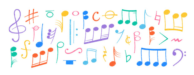 Crayon pastel or chalk music note signs doodle hand drawn symbol shapes set. Chalkboard textured musical symbols treble, bass clefs, pauses doodle collection.