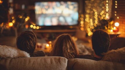 Teen boy, tween boy, and woman watching TV on a sofa with christmas lights. Family evening at cozy home. For Christmas.