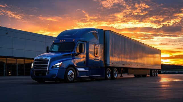 Blue semi trailer truck with cargo container at sunset. Freight delivery vehicle. Commercial transportation industry concept.