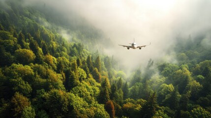 Naklejka premium Passenger airplane flying above green forest. Travel and transportation concept. Foggy mountain landscape with airliner for vacation.