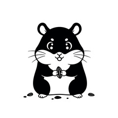 Adorable black and white cartoon hamster holding a seed.