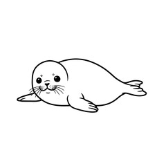 Adorable baby seal pup resting on its belly black and white outline drawing.