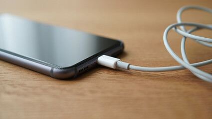 Smartphone Charging A Modern Mobile Phone with a White Cable on a Wooden Background