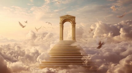 Grand staircase and ancient archway ascending through heavenly clouds. Spiritual journey to paradise, religious concept.