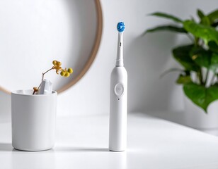 Modern white electric toothbrush on a white surface