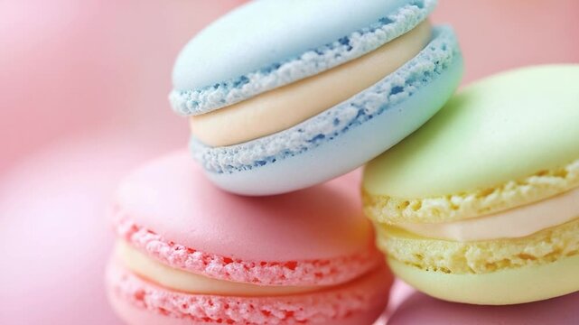 A close-up shot of three macarons stacked on top of each other