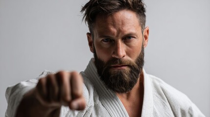 Man wearing traditional gi uniform mid-punch on a white background