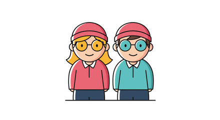 Fototapeta premium A charming pixel art illustration of two cute young children wearing glasses and hats.
