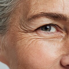 Cropped image of an elderly person's under-eye area, showing sagging and fine wrinkles, emphasizing soft lighting, bright background.