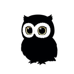 Cute black owl with big eyes cartoon illustration.