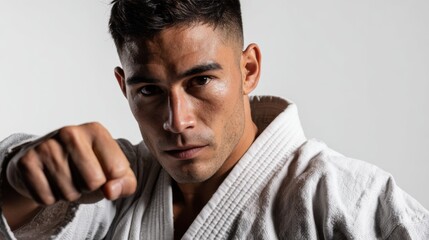 Man wearing traditional gi uniform mid-punch on a white background