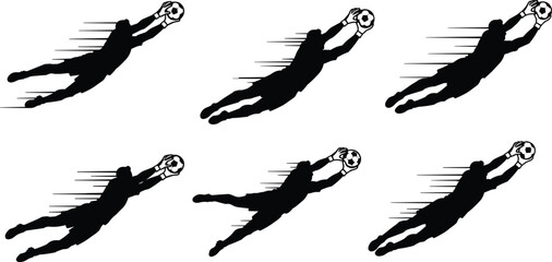 Soccer goalkeeper silhouette, diving save motion, athletic action pose, football catch sequence, sports training, dynamic movement, black background, goalkeeping technique