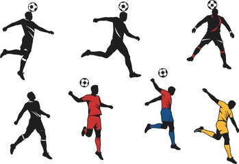Soccer heading silhouette, colorful football players, dynamic action pose, athlete impact moment, sports movement design, ball control technique, training concept art