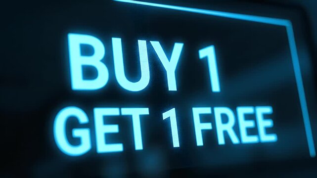 Vibrant Glowing Blue 'BUY 1 GET 1 FREE' Text on Digital Display - Modern Promotional Offer and Discount Concept