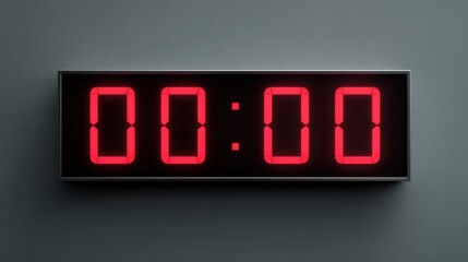 Red digital display showing zero zero time. Timer with an end time. Deadline concept. New year and celebration idea.