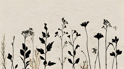 Pressed Wildflowers Silhouettes with Shadows on White Wall, background 